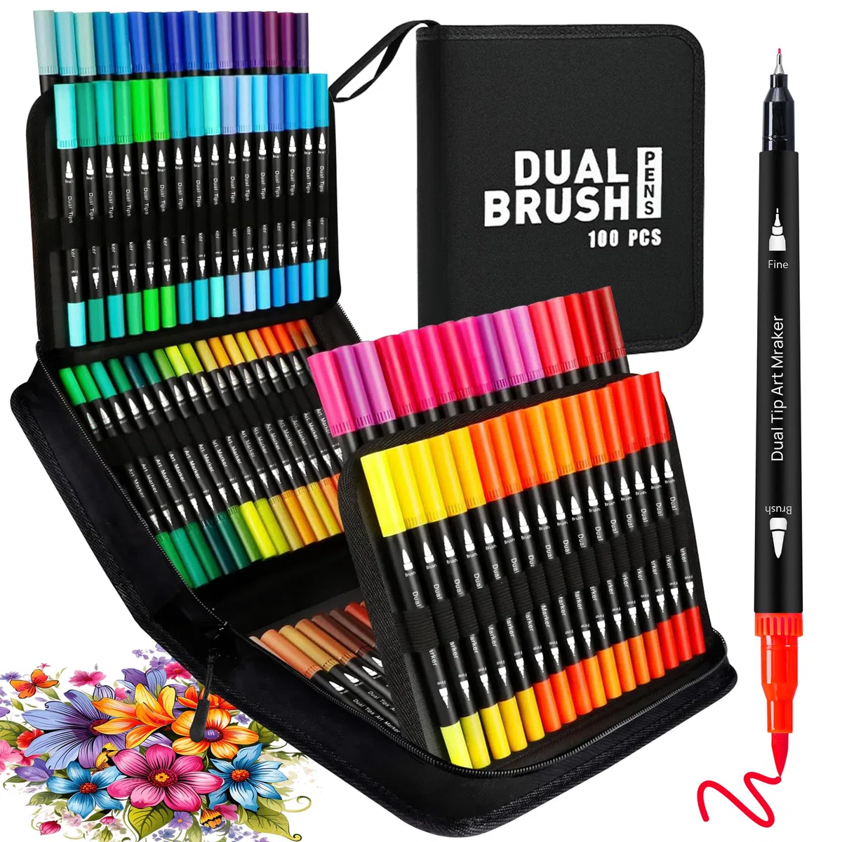 Kebuye Filzstifte Set - 100 Farben Dual Brush Marker Pens Feine Spitze & Pinselspitze für Erwachsene und Kinder–Zum Ausmalen Zeichnen DIY-Projekte Lettering