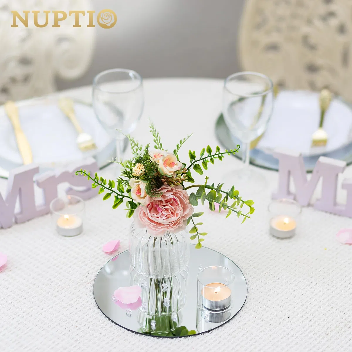 NUPTIO Runder Spiegel Spiegelplatte Glas - 20 cm 6 Stück Runde Tabletts Kerzen Platten Kreis Untersetzer Hochzeitstisch Tisch Tafelaufsätze Hochzeitsdekoration Hochzeitsdeko Home Dekoration