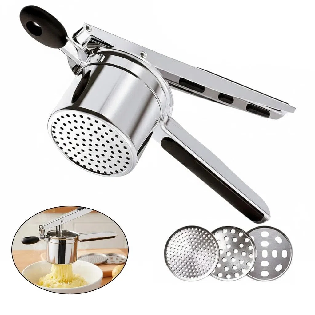 Kartoffelstampfer,Kartoffelpresse, mit 3 Austauschbare Sieb, Spätzlepresse Edelstahl für Cremiges Kartoffelpüree, Gemüsebrei, Spätzle und Lebensmittelrezept