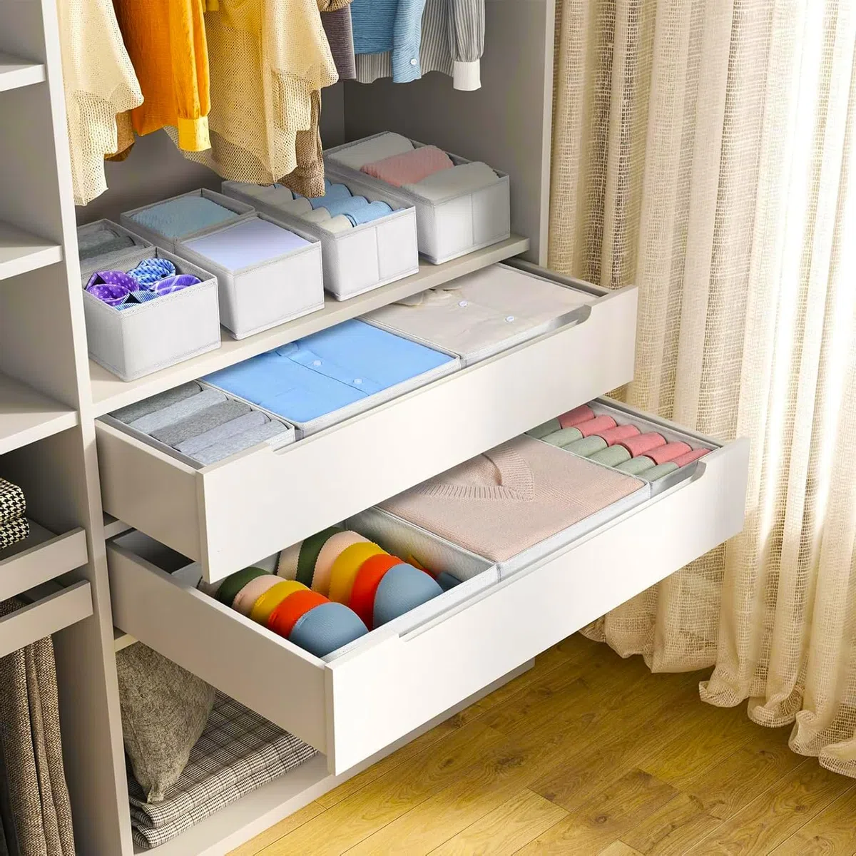 DIMJ Schubladen Ordnungssystem Organizer - Pax Organizer Wickelkommode, Stoff Aufbewahrungsbox Kleiderschrank Schubladen Stapelbar für Kleidung, Socken, BHS, 12 Stück, Weiß