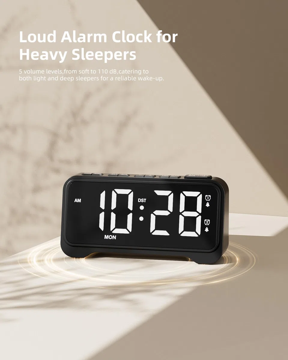 ROCAM LED Wecker Digital mit Großen Zahlen, Nachttisch Wecker mit Typ-C & USB-Ladeanschluss, Dualer Alarm, 12/24H, Wochenendmodus, Digital Uhr für Schlafzimmer, Kinder, Teenager, Senioren