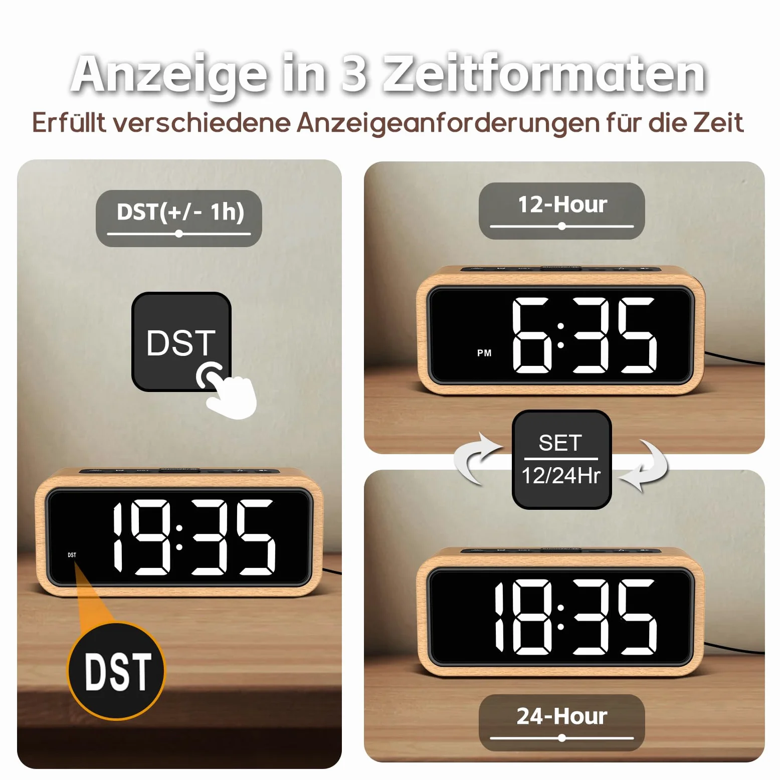 Wecker Laut für Tiefschläfer, Digitalwecker Holz mit LED Anzeige, 12 Alarm-Klingeltöne, 5 Helligkeit Einstellbar, 5 Lautstärken, Manuelles DST, Braun Wecker Retro für Schlafzimmer (Buche-Weiß)