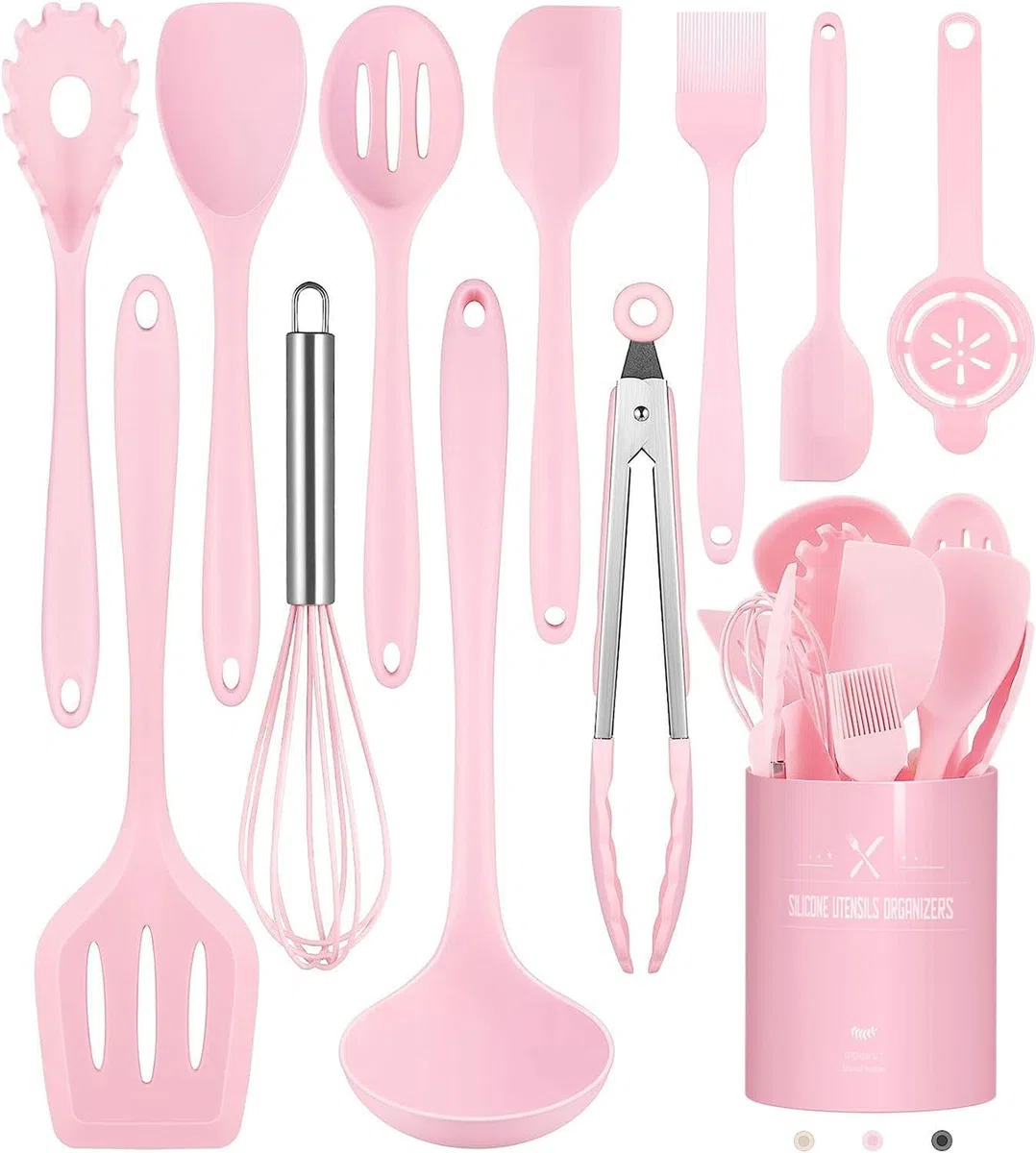 12 Stück Küchenhelfer Set, Silikon Küchenutensilien, Antihaftbeschichtet Kochlöffel Set mit Utensilienhalter, Geeignet Für Kochen (Rosa)