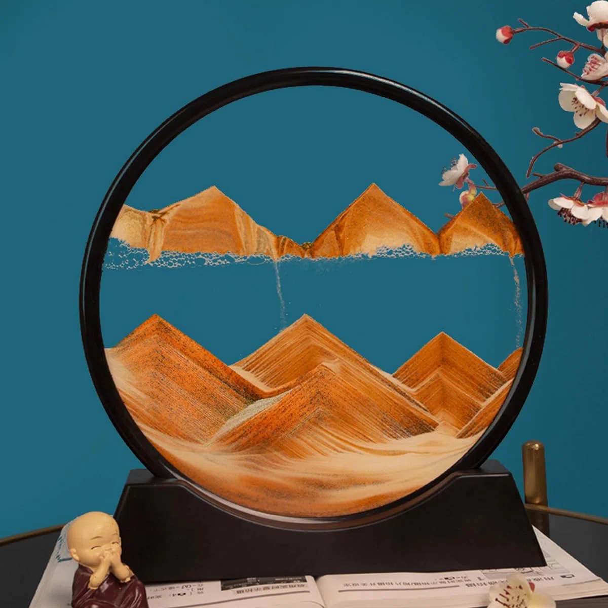 Fließende Sandmalerei, Dynamisches 3D Sandbild zum Drehen, Sandkunst, Tiefsee Sandbild Rund für Zuhause, Büro und Desktop Dekor (Orange, 7")