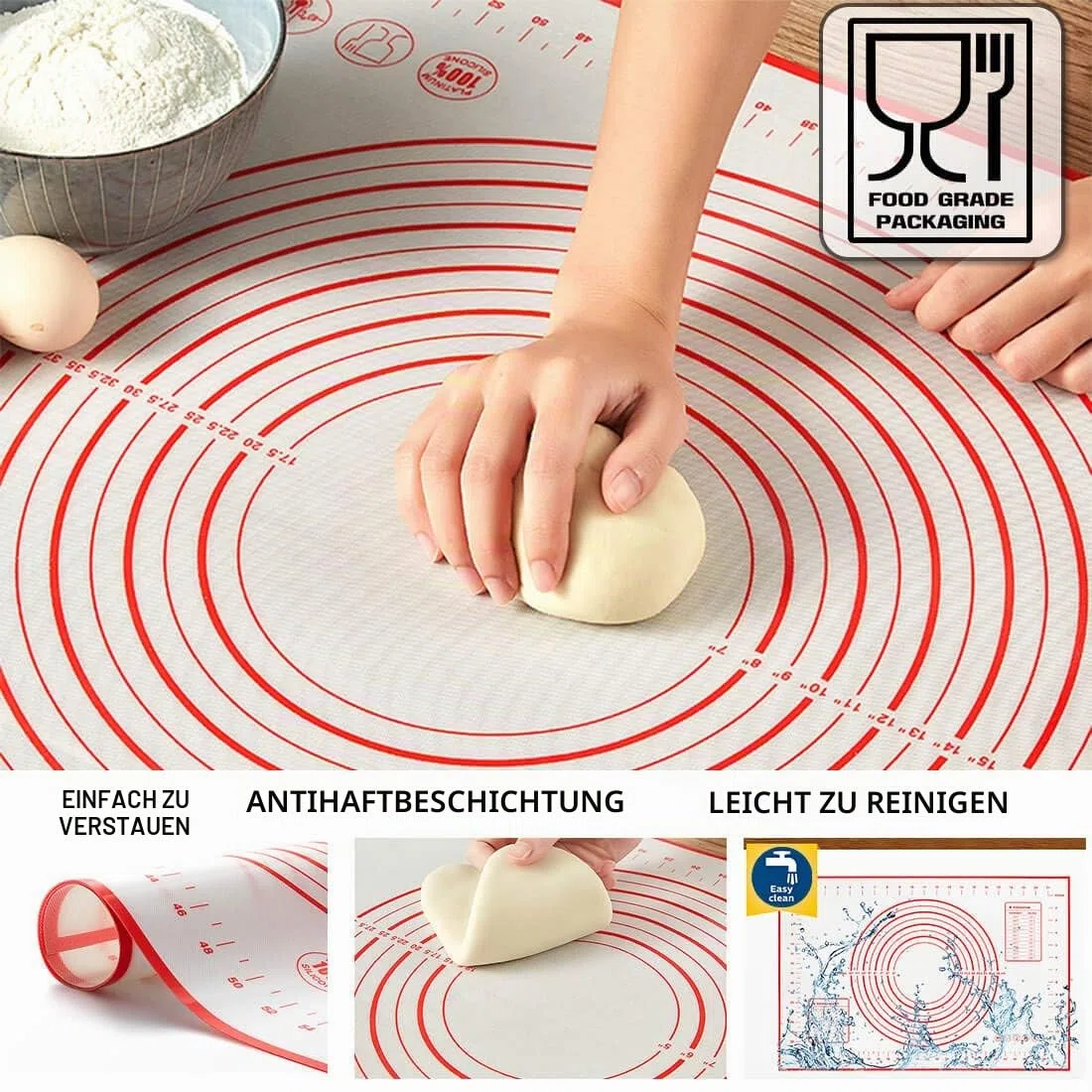 Nudelholz aus Edelstahl mit Backmatte, drehbare Teigrolle, antihaftbeschichtet und wartungsfrei, mit lebensmittelechten Backmatten und Teigrolle für Pizza, Nudeln, Kuchen, Zuckerguss, 43,2 cm – Silber