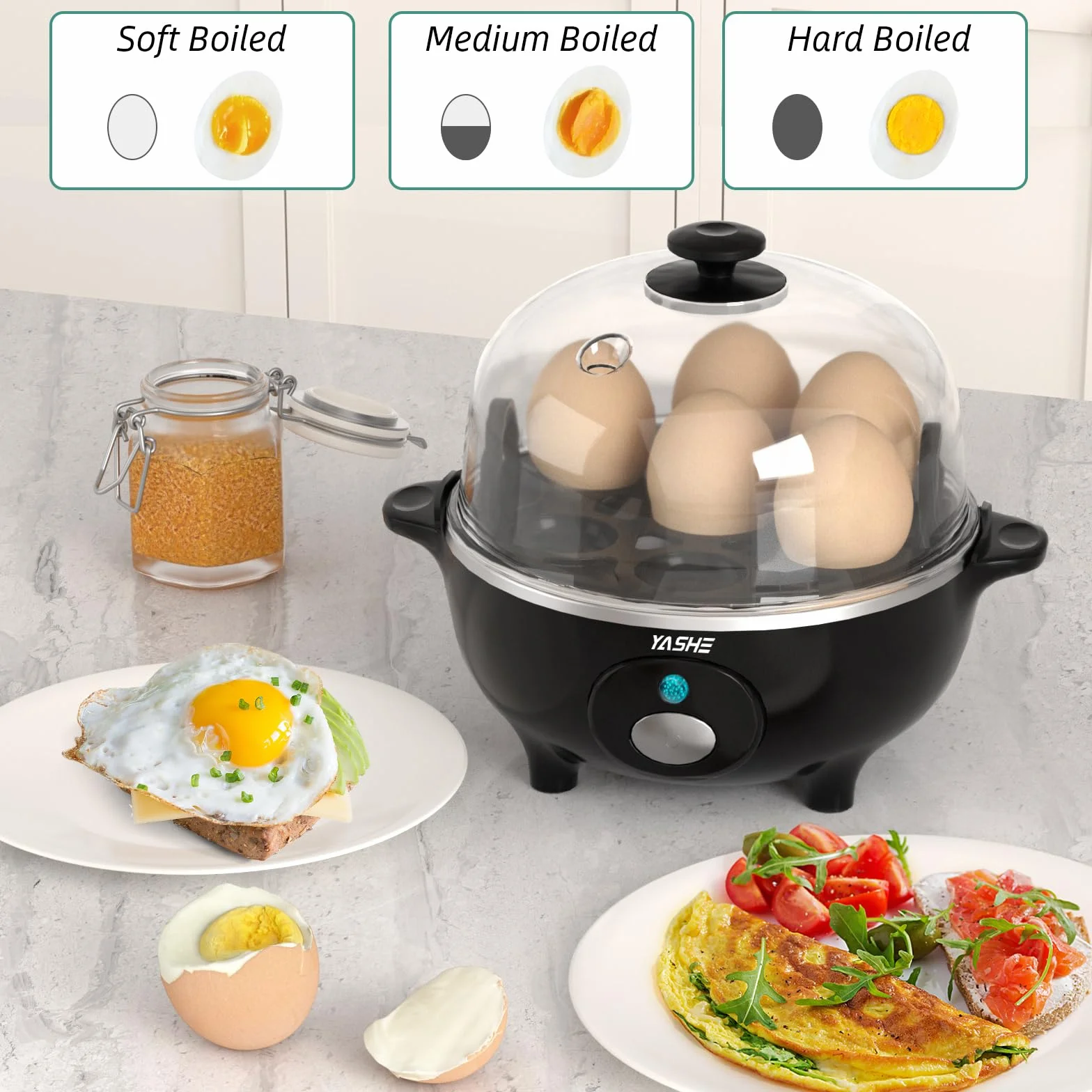 YASHE Eierkocher, 360W Kompakter Egg Cooker Multifunktional, 7 Eier leicht zu Pellen, Weich, Mittel, Hart Gekocht, Eierbecher, Omelett-maker, Dampfgarer, Signalton, Kontrollleuchte, BPA-frei