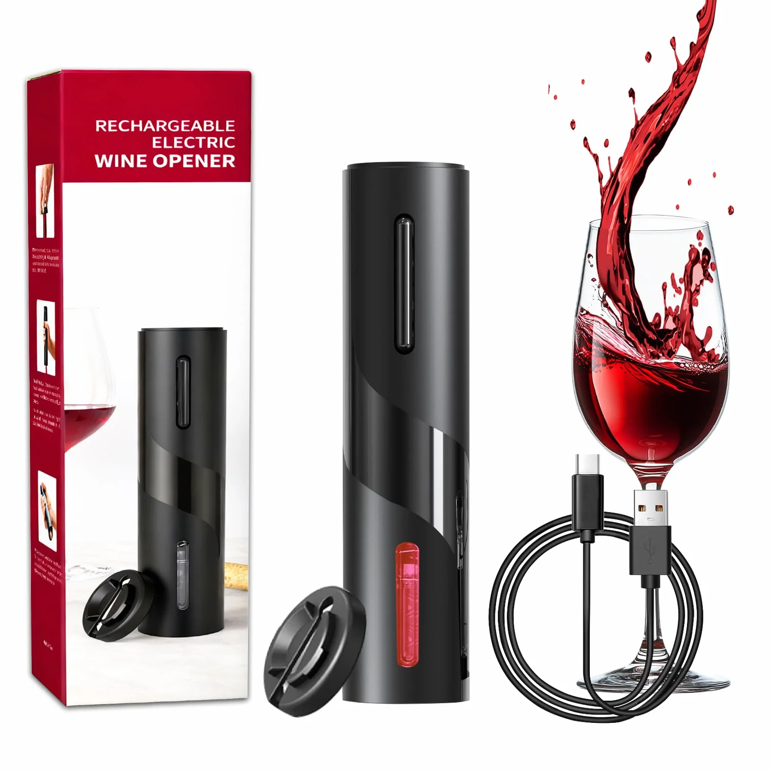 Korkenzieher Elektrisch, Elektrisches Weinflaschenöffner-Kit, Geschenkidee, Korkenzieher mit Folienschneider (Wiederaufladbarer Flaschenöffner - Schwarz)