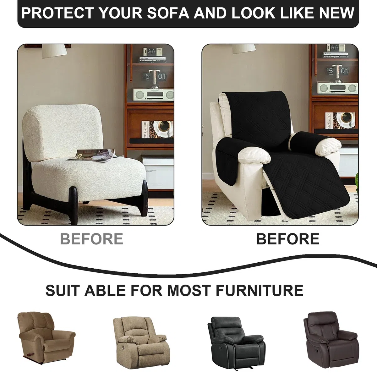 Sesselschoner für Relaxsessel Relaxsofa, 1 Sitzer Fernsehsessel Armlehne Sesselauflage, Sesselschoner mit Taschen, Wasserdicht rutschfest Möbelschutz für Sofa, Stuhl