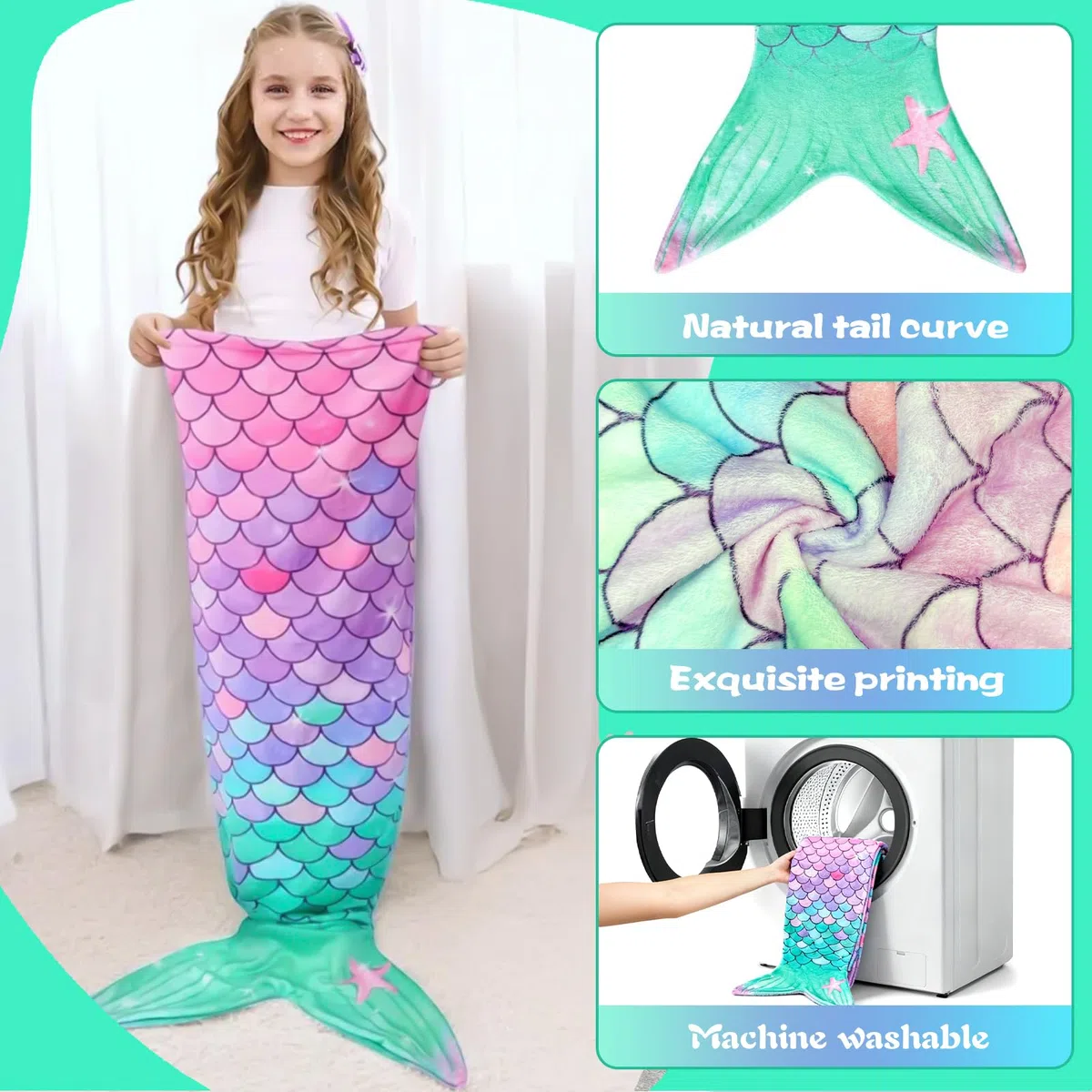 Meerjungfrau Decke, Meerjungfrauen Schwanz Decke mit Haarnadel Armband, Weicher Flanell Tragbare Schwanzdecke für Kinder Geburtstag Weihnachten Geschenk, 140x60cm