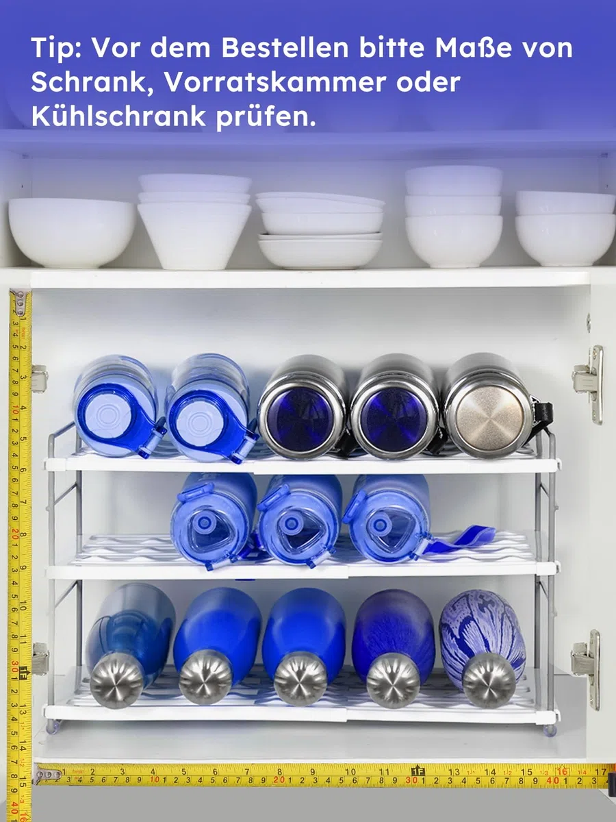 Ausziehbarer Flaschen Organizer 27-42 cm breit, 3 höhenverstellbare Ebenen mit rutschhemmender Wellenstruktur, für große 1,18-L-Becher, Kühlschrank, Küchenschrank, Arbeitsplatte und Büro