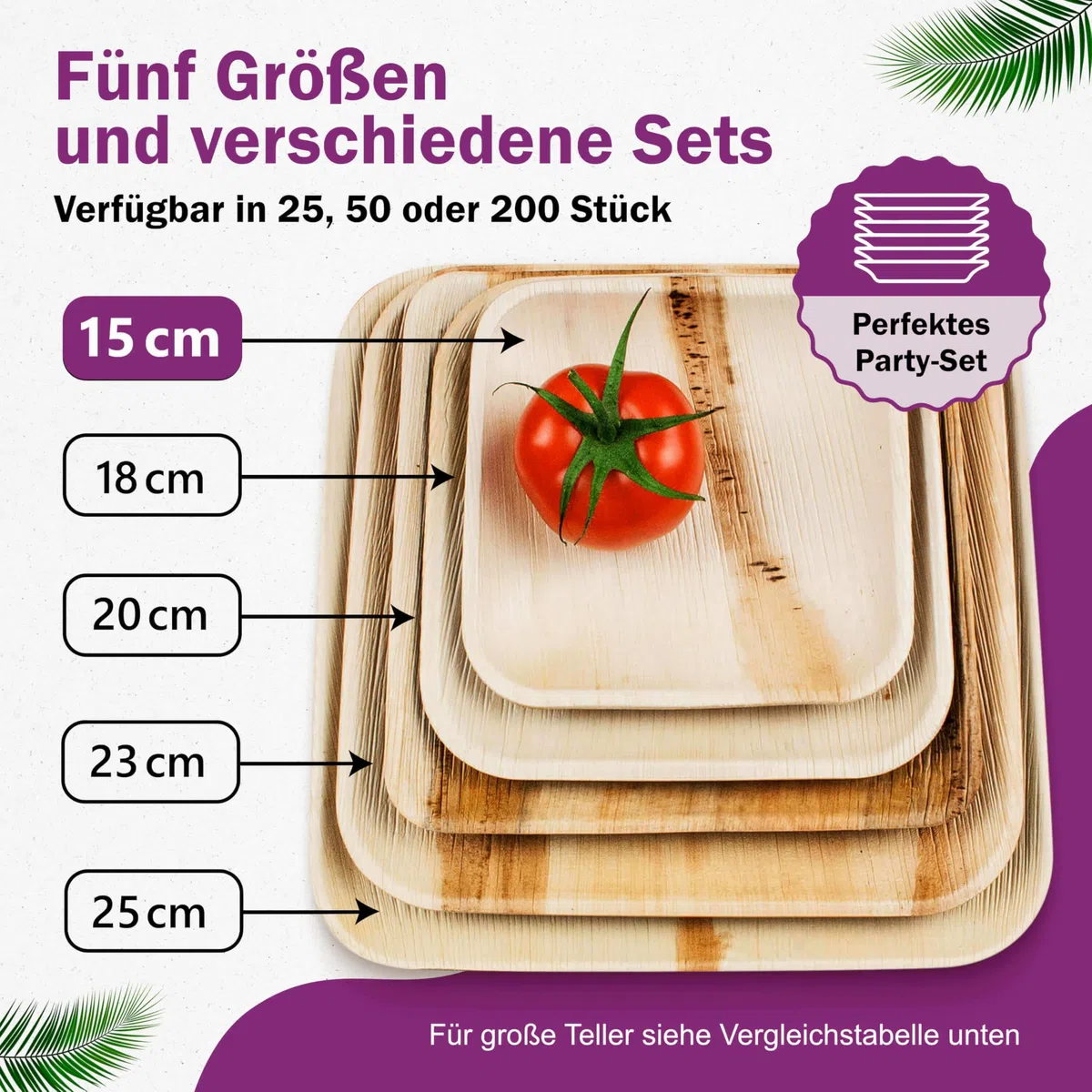 Bio Palmblattteller - 25 Einweg Teller klein eckig 15x15 cm - Premium Einweggeschirr kompostierbar - Umweltfreundliche Partyteller - Palmblatt Geschirr