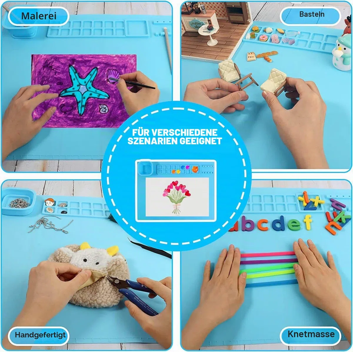 Silikon Malmatte, Unterlage Bastelmatte Silikon Zusammenklappbar, Antihafte rutschfeste Tischmatte für Crafting Aquarell Malerei Schneiden Kunst Schöpfung Ton und DIY-Projekte (Blau)