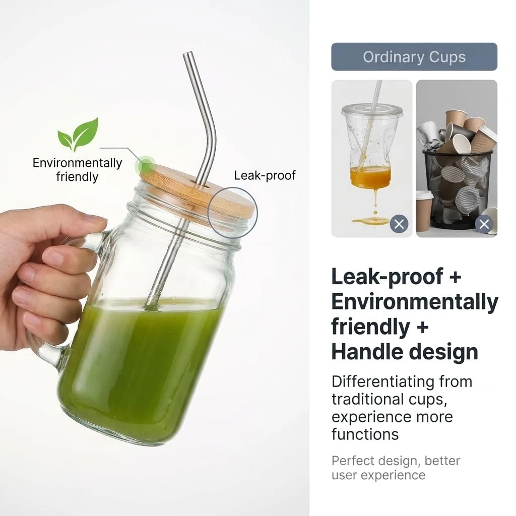 OAMCEG 6 Stück Glas mit Deckel und Strohhalm – 480ml Glasbecher mit Henkel und Holzdeckel – Wiederverwendbare Mason Jar Gläser für Saft, Iced Kaffee, Matcha, Smoothies, Kinder & Geschenk