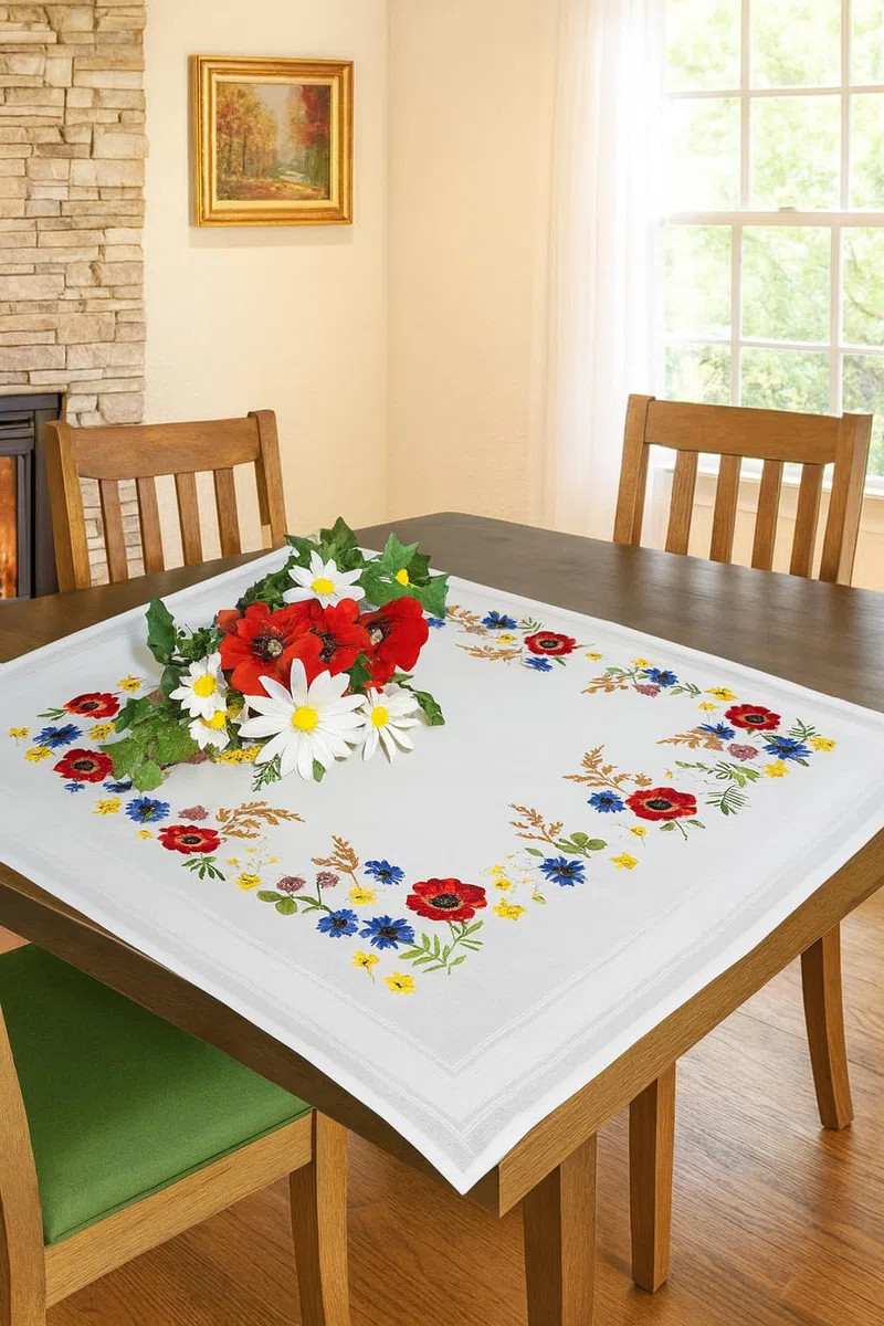 KAMACA Stickpackung Tischdecke 80x80 cm Stielstich Plattstich vorgedruckte Stickdecke inkl. Stickgarn Stickvorlage Anleitung Stickset zum Selbersticken für Erwachsene (Blütenparadies MD 80x80 cm)