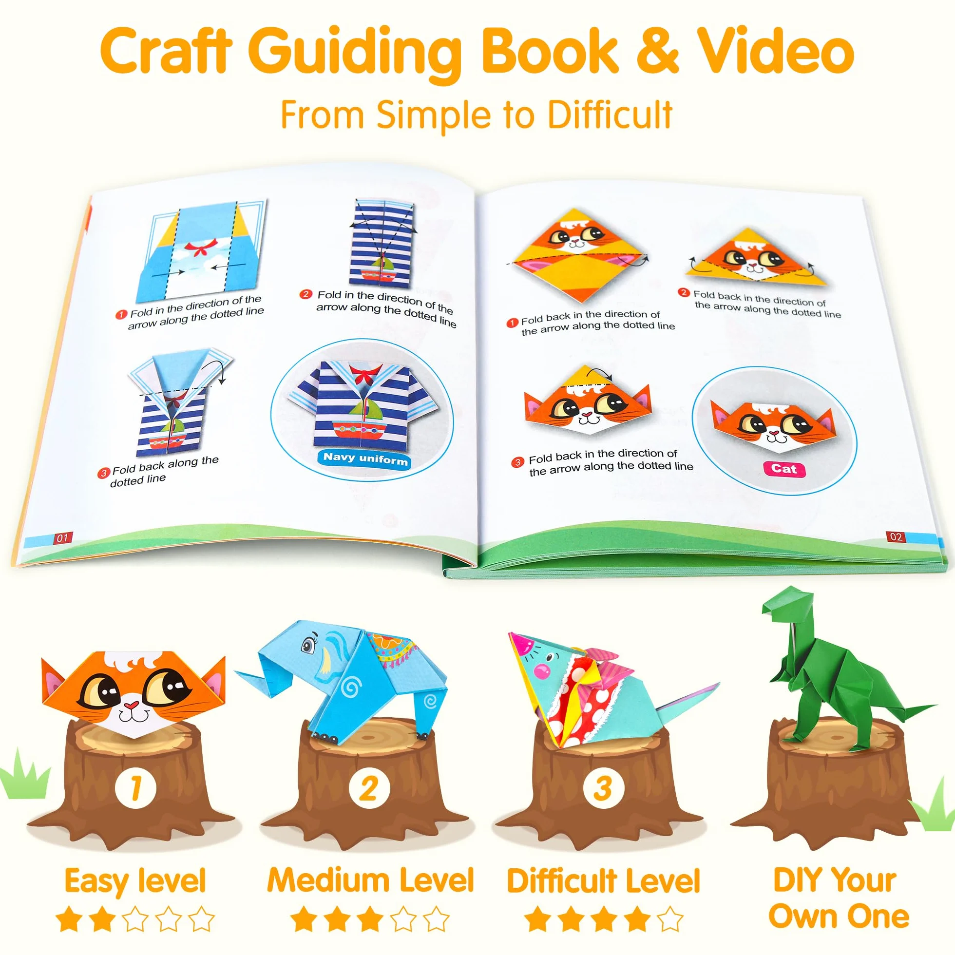 Mocoosy Origami-Papier-Set für Kinder, 224 Blatt doppelseitiges Origami-Papier mit Video-Tutorials und Anleitungsbuch, Origami mit 72 Mustern, Kunst Bastelset für Kinder Geschenk für Mädchen Jungen