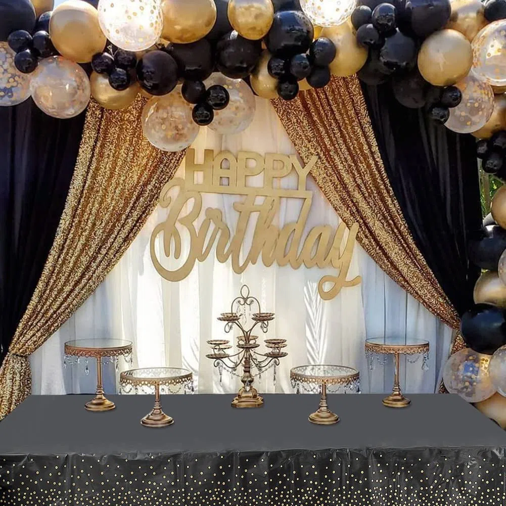 10 Stück Schwarz und Gold Party Tischdecke Einweg für Rechteck Tisch,Gold Dot Confetti Geburtstag Tischdecke für Geburtstag, Jahrestag,Braut Shower,Abschlussfeier,Cocktail Party,137cm x 274cm