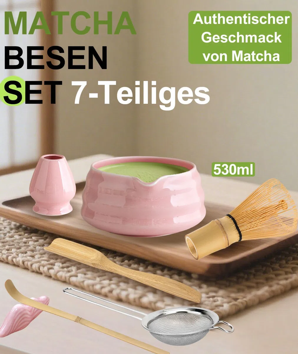 JBER Matcha Besen Set, Matcha Set Rosa 7-Teiliges - Bambus Matcha Besen und Besenhalter, Matcha Schale mit Auslauf, Sieb, Löffel und Halter, Japanisches Matcha Tee Set für Matcha-Liebhaber - Pink