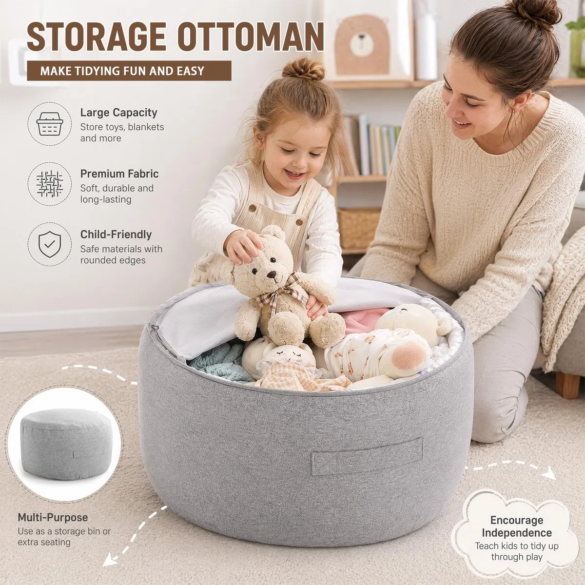 Kuscheltier Aufbewahrungssack Sitzsack - Leerer Bezug mit Reißverschluss - Weicher Spielzeug Organizer für Plüschtiere & Decken - Gemütliches Sitzkissen für Kinderzimmer (Hellgrau)