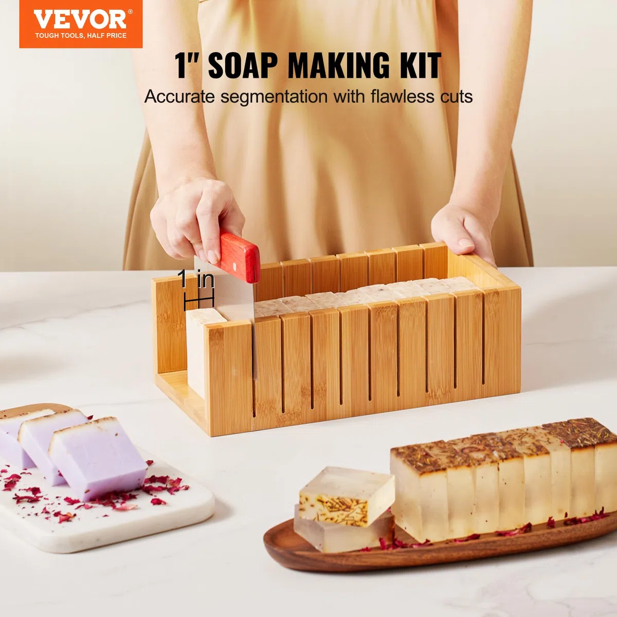 VEVOR Seifenschneider Set Seife Selb Machen 1301 mL, Seifenmachen Set Silikon, DIY Seifenherstellung Handgefertigt Seife Satz, Rechteckige Silikon Seife Form mit Bambuskasten 278 x 142 x 93 mm