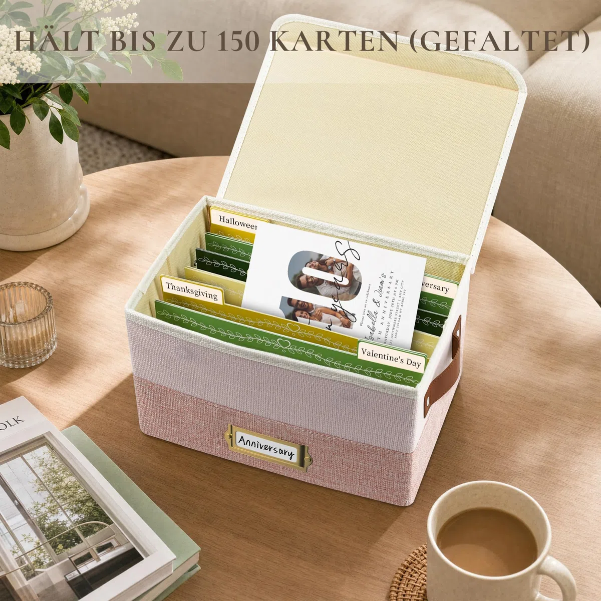 Vienrose Grußkarten Aufbewahrungsbox, Faltbare Veranstalter mit 20 Trennwänden 84 selbstklebenden Etiketten, Kartenbox für Grußkarten, Fotos, Briefumschläge, Aufkleber, Postkarten, Hellrosa & Lotus