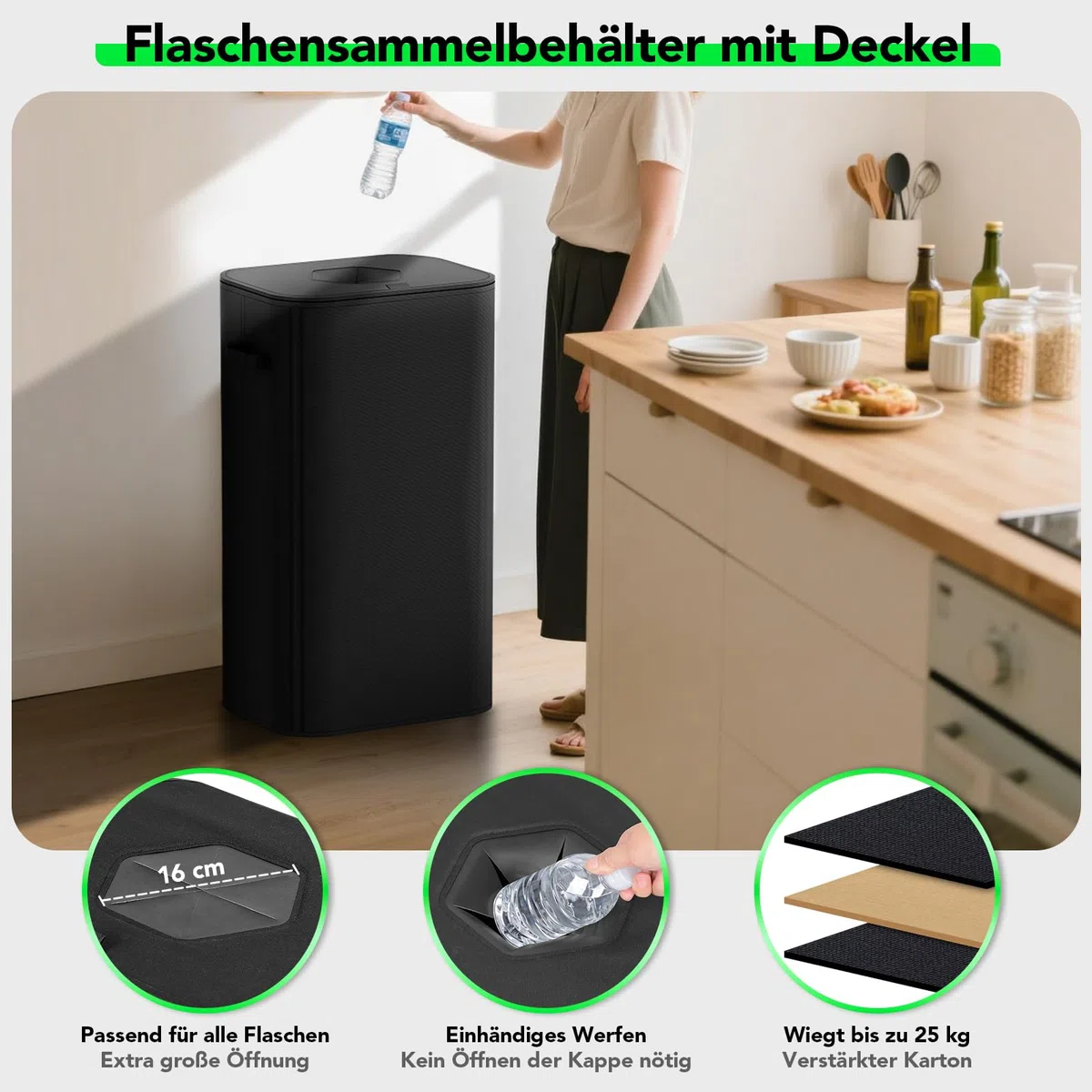 110L Pfandflaschen Sammelbehälter mit Deckel, Groß Pfandflaschen Aufbewahrung Organizer mit Tragetasche Flaschensammler Leergut mit Loch Flaschentasche Behälter für Küche & Haushalt