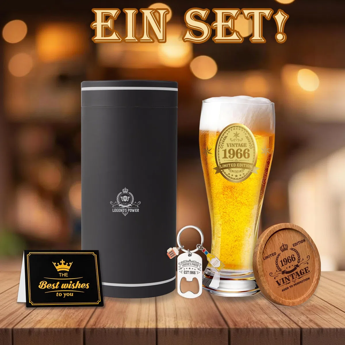 60. Geburtstag für Männer, Vintage 1966 Geburtstagsgeschenke Männer, 60 Geldgeschenke Geburtstag Frau Mann, 1966 Bierglas Gravur mit Flaschenöffner, Holzkissen, Geschenkkarton, Grußkarten, 580ml