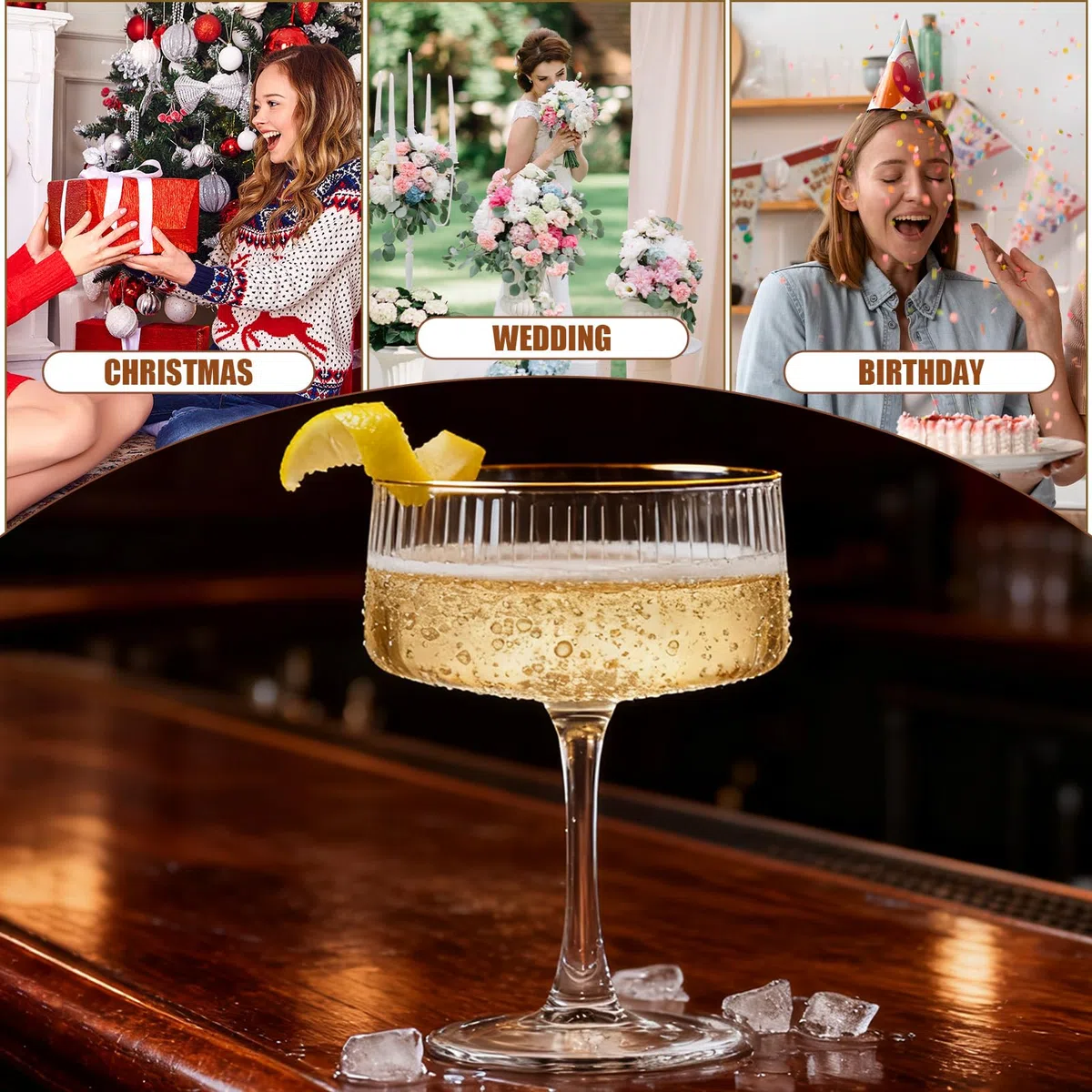 Sektschalen 4er Set,260 ml Champagnerschalen mit Goldrand,Vintage Coupe Gläser aus bleifreiem Glas für Champagner,Sekt,Prosecco und Cocktails,Geriffelte Cocktailgläser