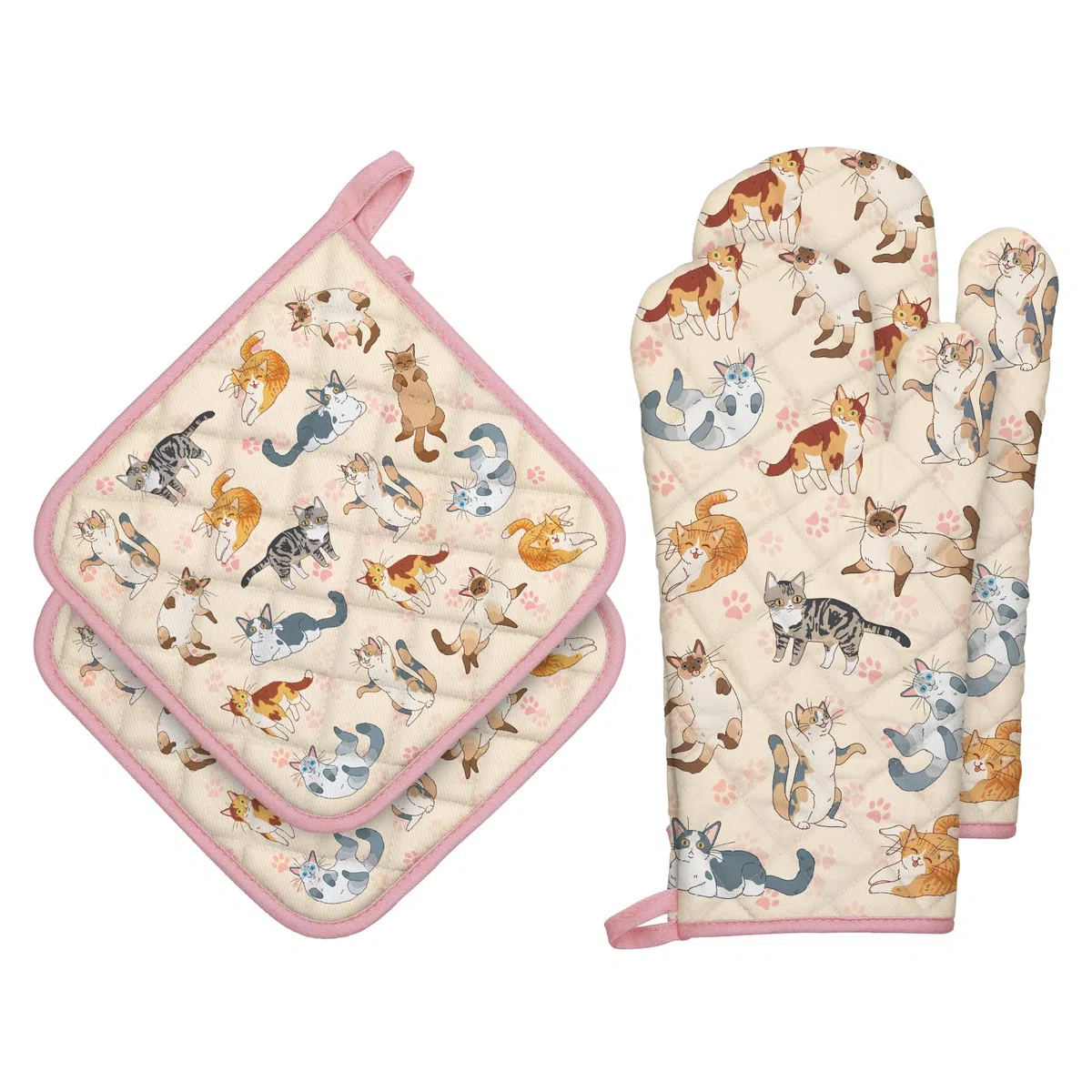 Ofenhandschuh und Topflappen 4er Set, 100% Baumwolle Kochhandschuhe, Hitzebeständiger Küchenhandschuh Zum Kochen Backen Grillen Geschenk, Cartoon-Katze