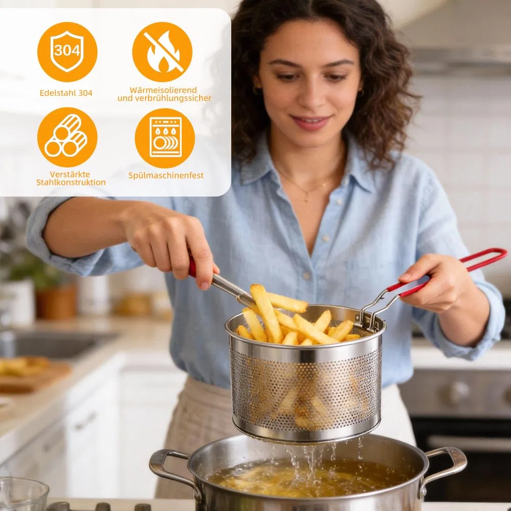 2er-Set Edelstahl Frittierkorb (18+20cm) mit abnehmbarem Griff – Vielseitig als Nudelsieb, Frittiersieb & Siebkorb für Pommes, Gemüse und Nudeln, platzsparend