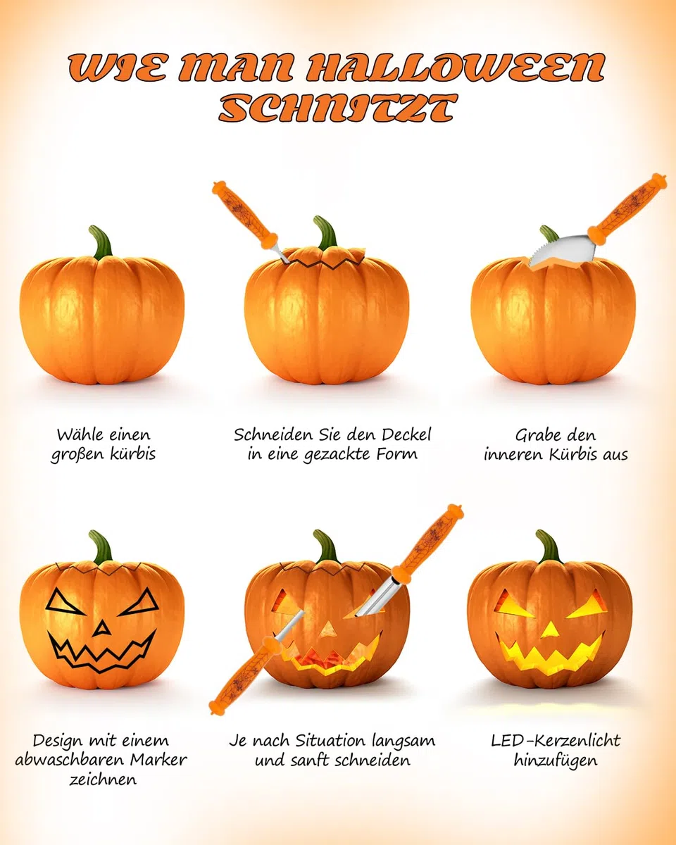 Kürbis Schnitzset, 10 Stück Schnitzwerkzeug Kürbis, Kürbis Schnitzen, Halloween Kürbisschnitzset, Edelstahl Kürbis Schnitzwerkzeug, Schnitzmesser für Kinder und Erwachsene