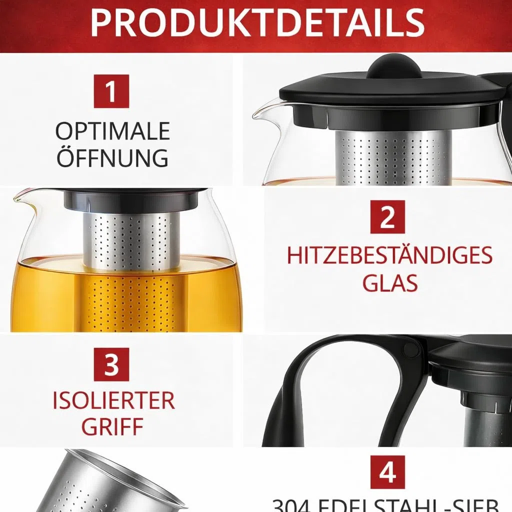 TYA I NS Teekanne aus Glas mit herausnehmbarem Sieb aus hitzebeständigem Edelstahl, 1250ml,mit Teesieb und Überhitzungsschutz, ideal für die Zubereitung von losem Tee, Teapot