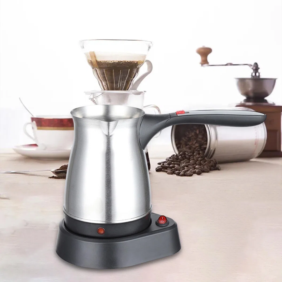 Milageto Espressokocher, 500 ml elektrische türkische Kaffeekanne, Edelstahl-Kaffeekessel, Teekessel mit Henkel, Wasserkocher für Haushalt Café Büro, Rautenmuster Silver