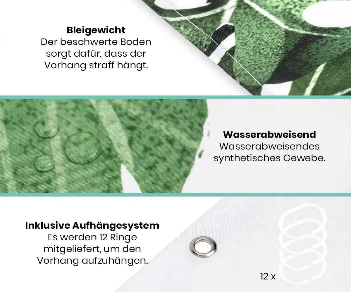 Duschvorhang 180x200 cm - Grün Strelitzia Pflanzen Design - Anti Schimmel & Waschbar – Stoff aus Textil – Wasserdicht – Inkl. 12 Ringe – Badewannenvorhang für Dusche & Bad - Polyester