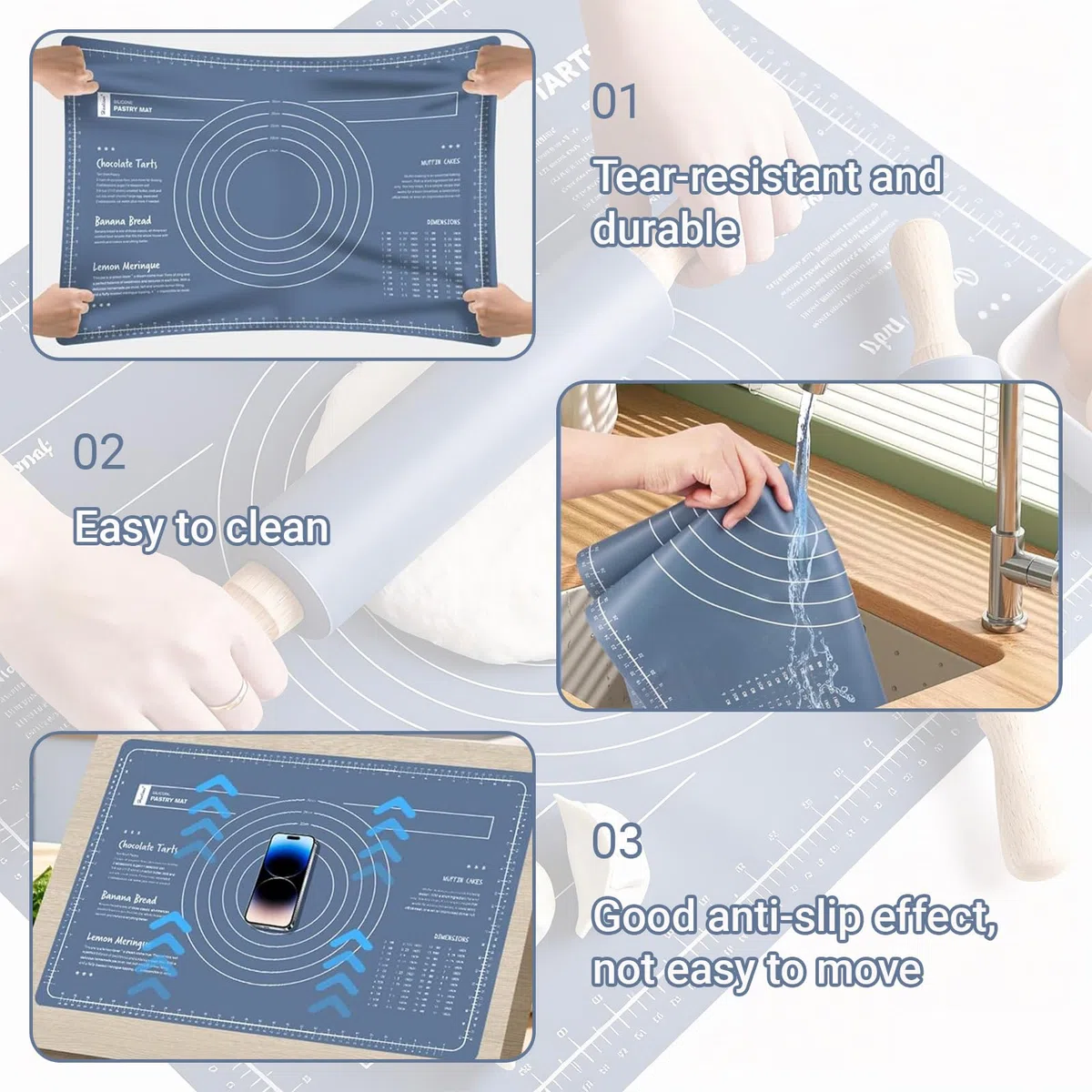 Nudelholz Silikon Teigroller mit Holzgriff, 60 x 40 CM Blau Ausrollmatte, Backmatte Silikon + Teigkarte + Pinsel, Extra Dick Rutschfeste Backunterlage für Fondant Gebäck Pizza, BPA Frei