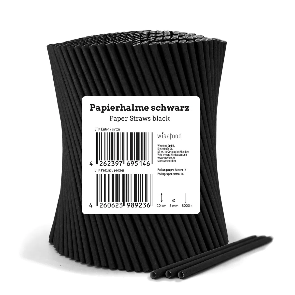 Wisefood® Strohhalme Papier [20 cm Ø 6] Party Deko [Schwarz] alternative Strohhalme Plastik-frei für Geburtstag Hochzeit DIY [500 Stk.] für Cocktail Getränke Cola Energy Drink Wasser Limo BIO