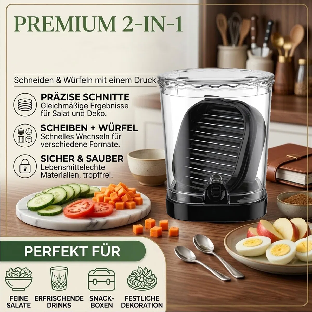 2in1 Obstschneider Becher Edelstahl zum Scheiben und Würfeln，Schwarz | Fruit Slicer Cup, Erdbeerschneider mit Druckplatte, Abnehmbarer Obstschneidebecher für Zwiebel und Eier