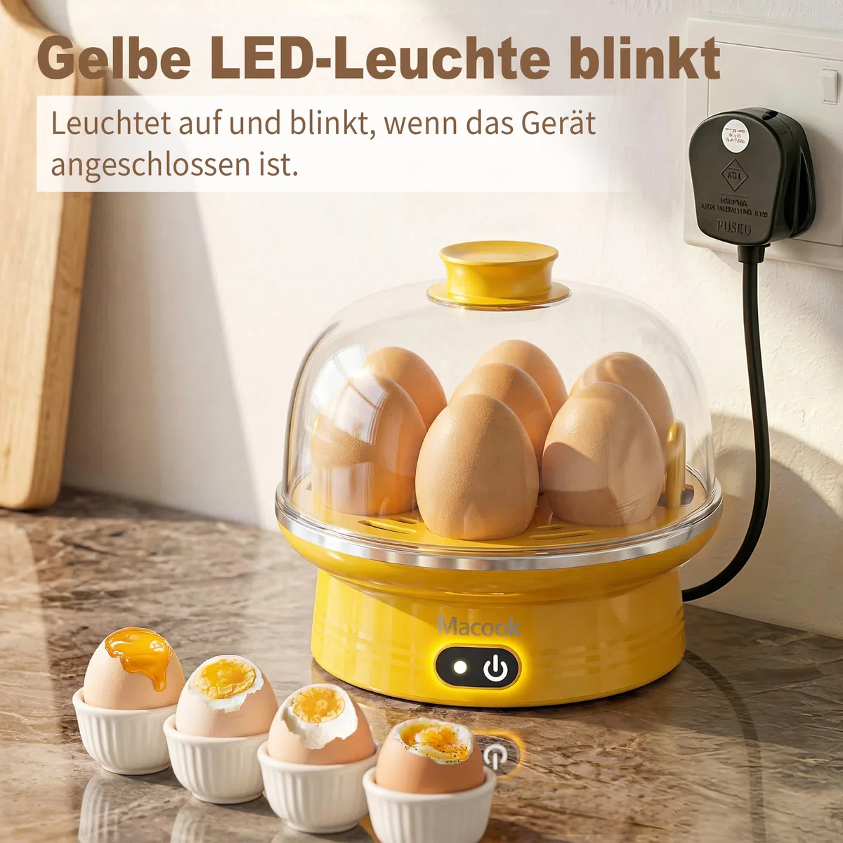 Macook Eierkocher für 1-7 Eier, Eierkocher Testsieger, Egg Cooker Computergesteuerte Kontrolle, Egg Boiler mit LED Touchscreen, BPA-frei, 350W, Gelb [Energieklasse A+++]