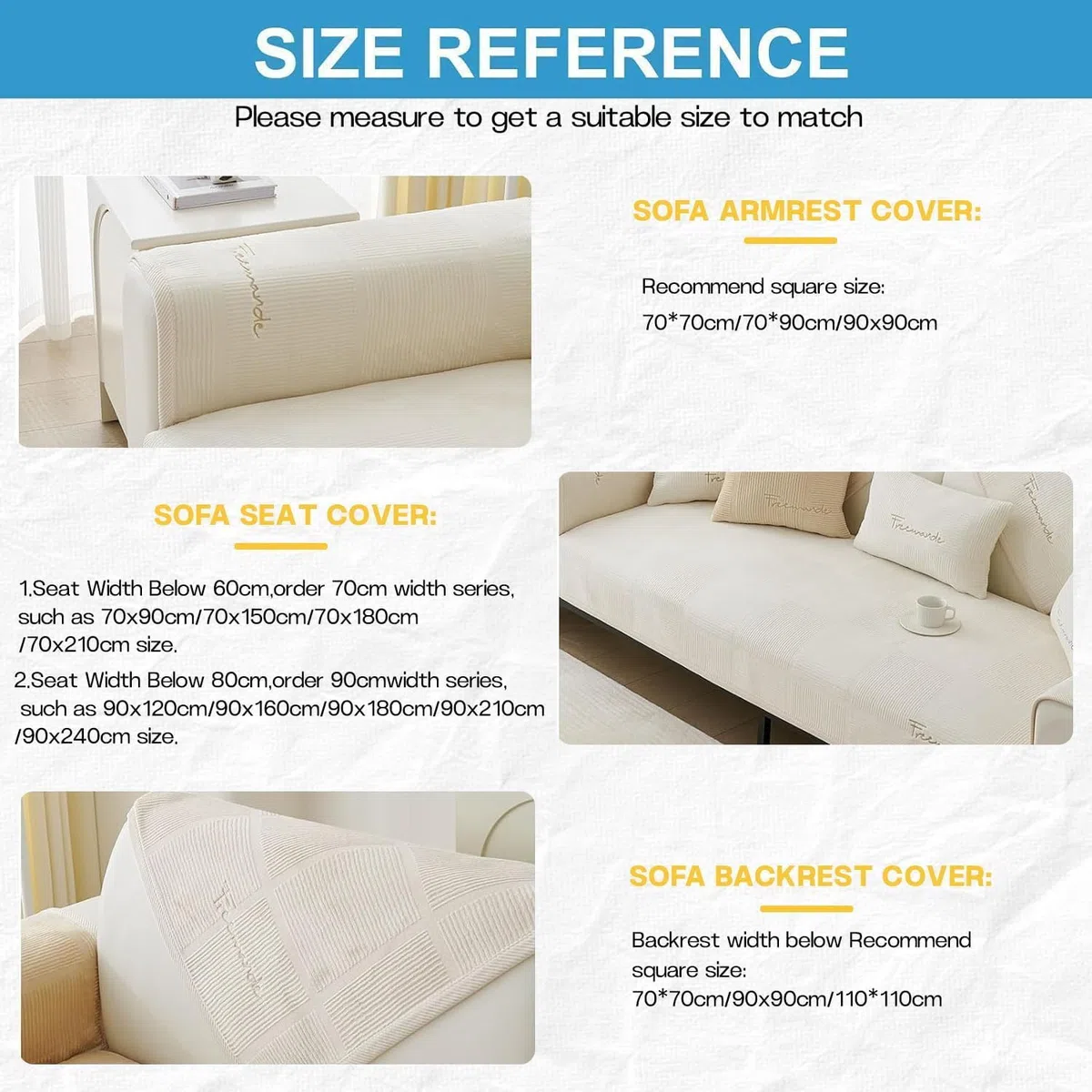 LINGKY Couch Überzug, Sofa Überzug 1/2/3/4 Sitzer L Form Sofa Cover Sofabezug Ecksofa, Sofadecken Für Sitzfläche, Sofaschoner rutschfest, Universelle Sofa Überwurf (Creme,70x120cm/Rechteckig)