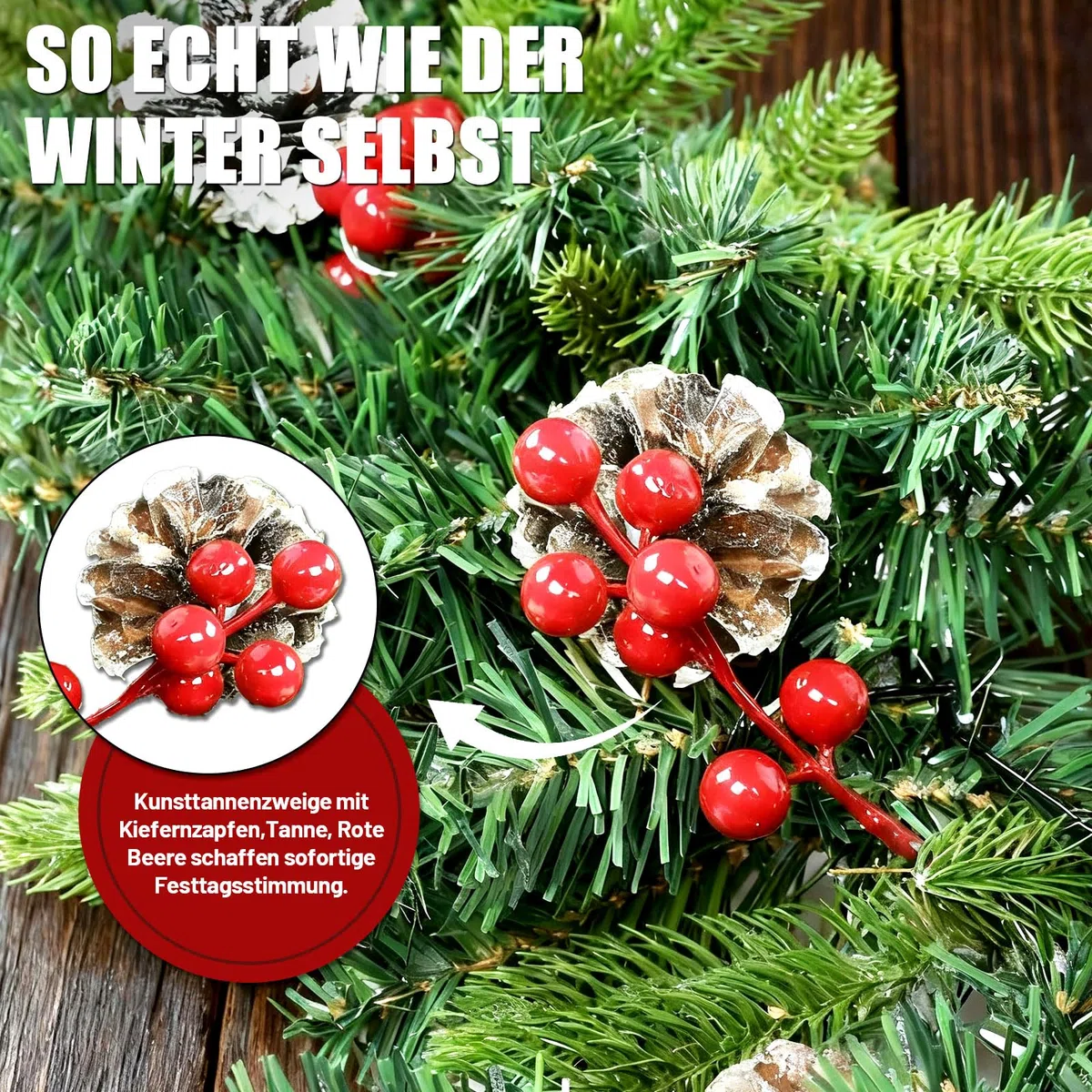 Weihnachtsgirlande mit Beleuchtung 5m 100 LEDs, Tannengirlande, Girlande Weihnachten mit Tannenzapfen Rote Beere, 8 Lichtmodi, Weihnachtsdeko Girlande für Treppen Kamin Haustür (PE-Zweige)