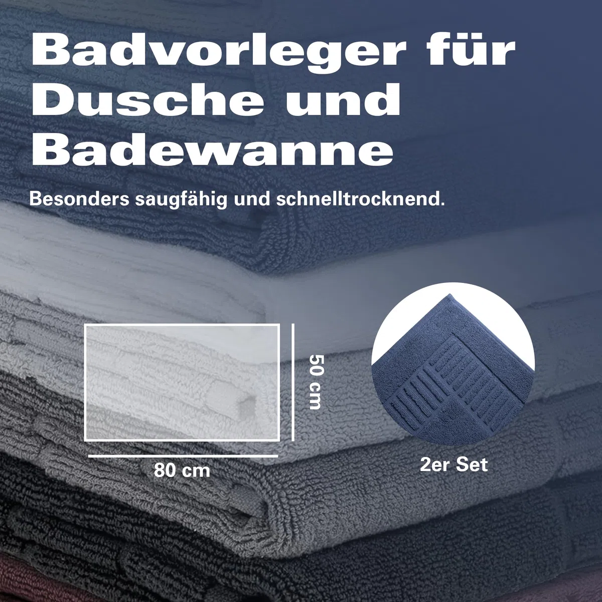 BaSaTex - 2er Pack Badvorleger für Dusche & Badewanne - Badematte Saugfähig & Schnelltrocknend in 50x80 cm - Aus 100% Baumwolle - Öko-Tex Made in Green Zertifiziert - Navy Blau