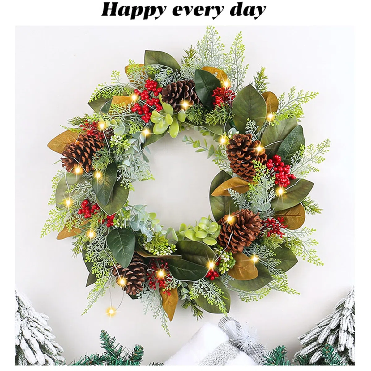 Beleuchteter Weihnachtskranz,Weihnachtstürkranz Beleuchtet | Natürliche Tannenzapfengirlande | Weihnachtskranz mit Tannenzapfen, roten Beeren, beleuchteter Weihnachtskranz für Winterferien, Heimdekora