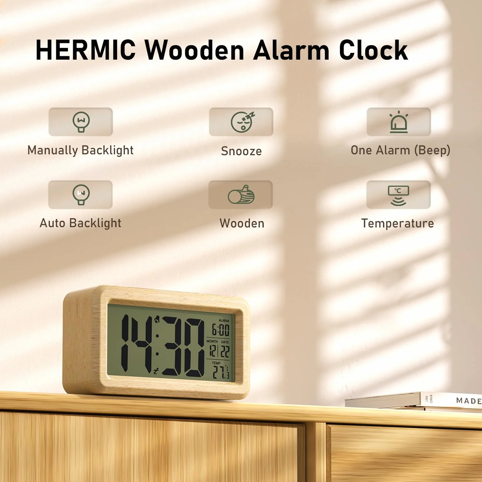 Wecker Digital aus Holz mit Großem LCD-Display, Datum, Temperatur, Automatischem Lichtsensor, Snooze-Funktion, Batteriebetrieben (3 AAA-Batterien im Lieferumfang Enthalten)