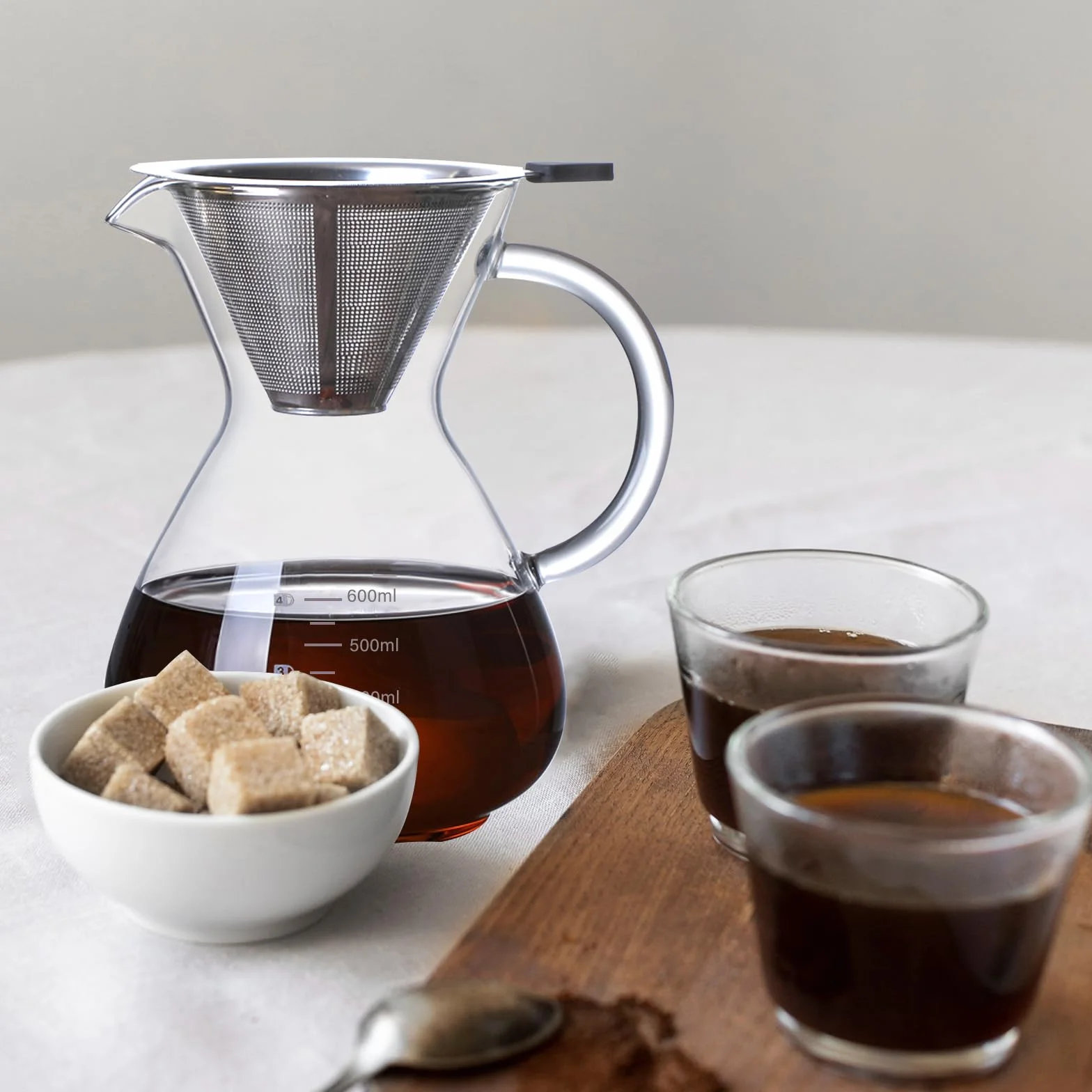 Pour Over Kaffeebereiter, 600ml Glas Kaffeekanne mit Filter und Hitzebeständigem Griff, Pour Over Coffee Maker Handbrüh Kaffeebereiter für bis zu 4 Tassen für Baristas Hause und Café