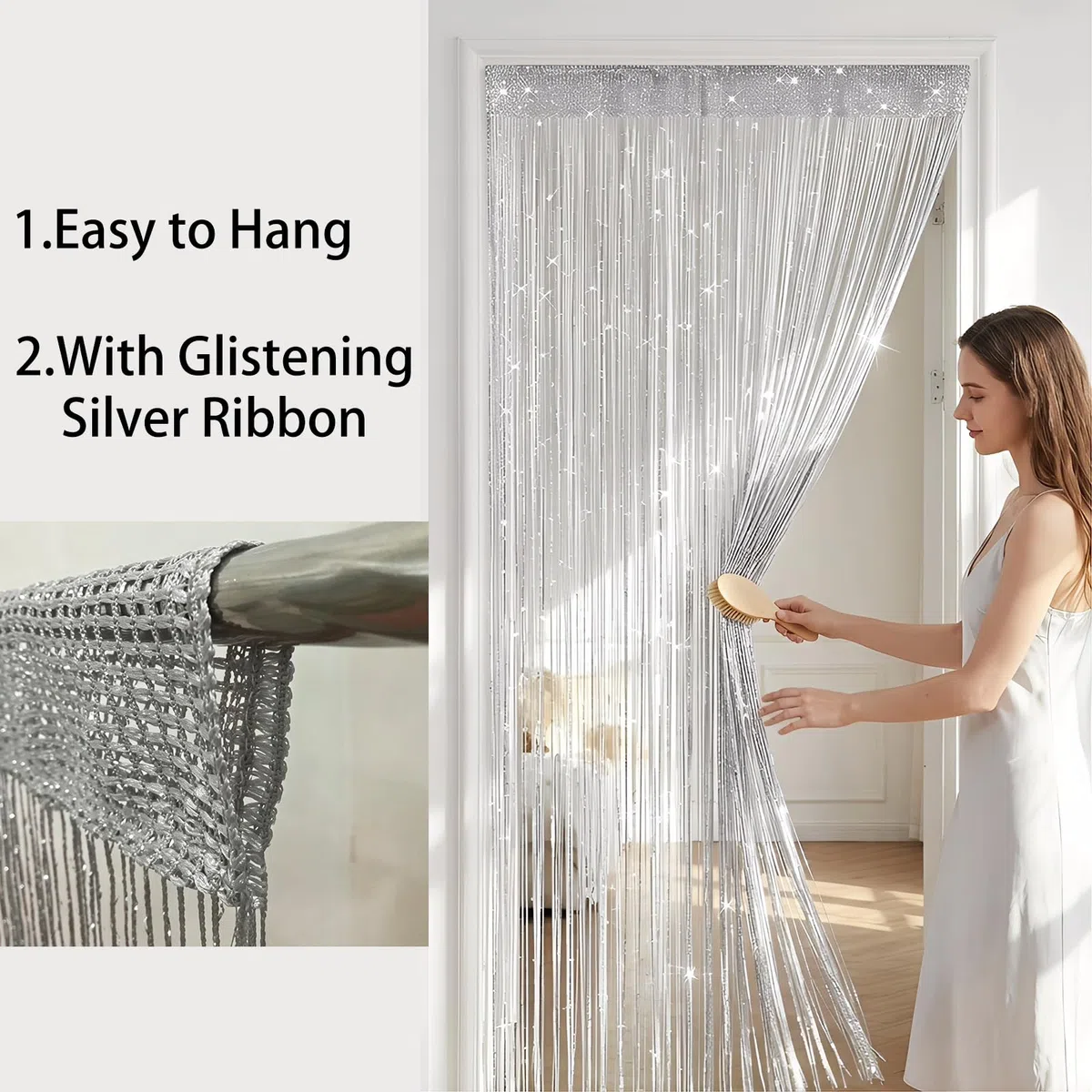 4 Stück Fadenvorhang Türvorhang 100x200cm, Glitzer Perlenvorhang Raumteiler Fensterdekoration für Hochzeit Party Dekoration