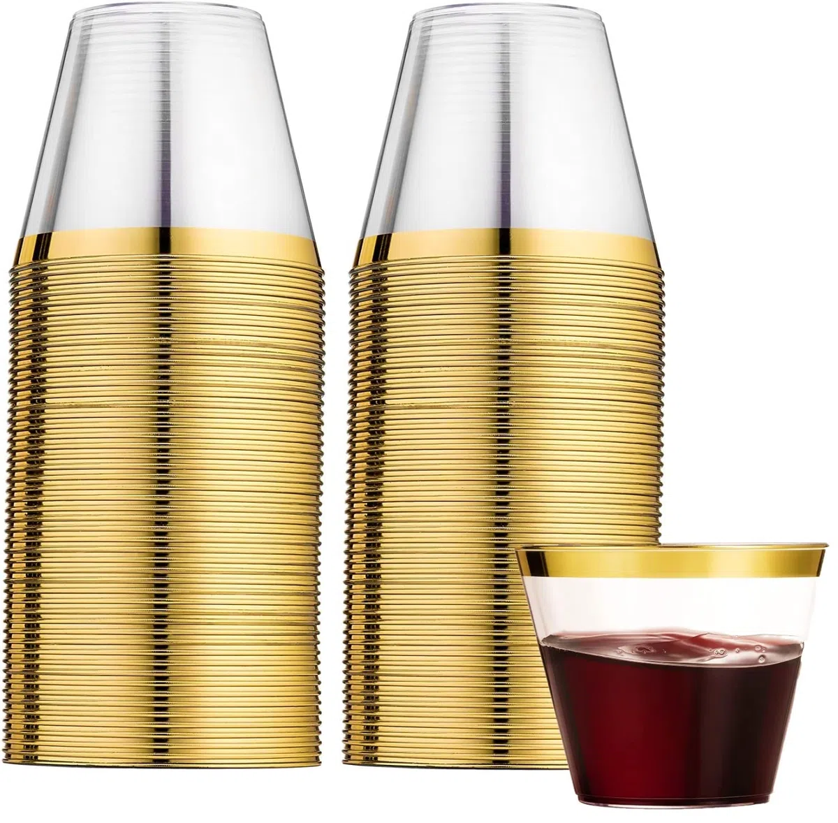 LATERN 60 Stück Plastikbecher mit Goldrand, 270ml Becher aus Kunststoff Wiederverwendbare Trinkbecher Elegante Party Weingläser für Champagner Bier Cocktail Martini Soda Dessert (8,9 x 7,1cm)