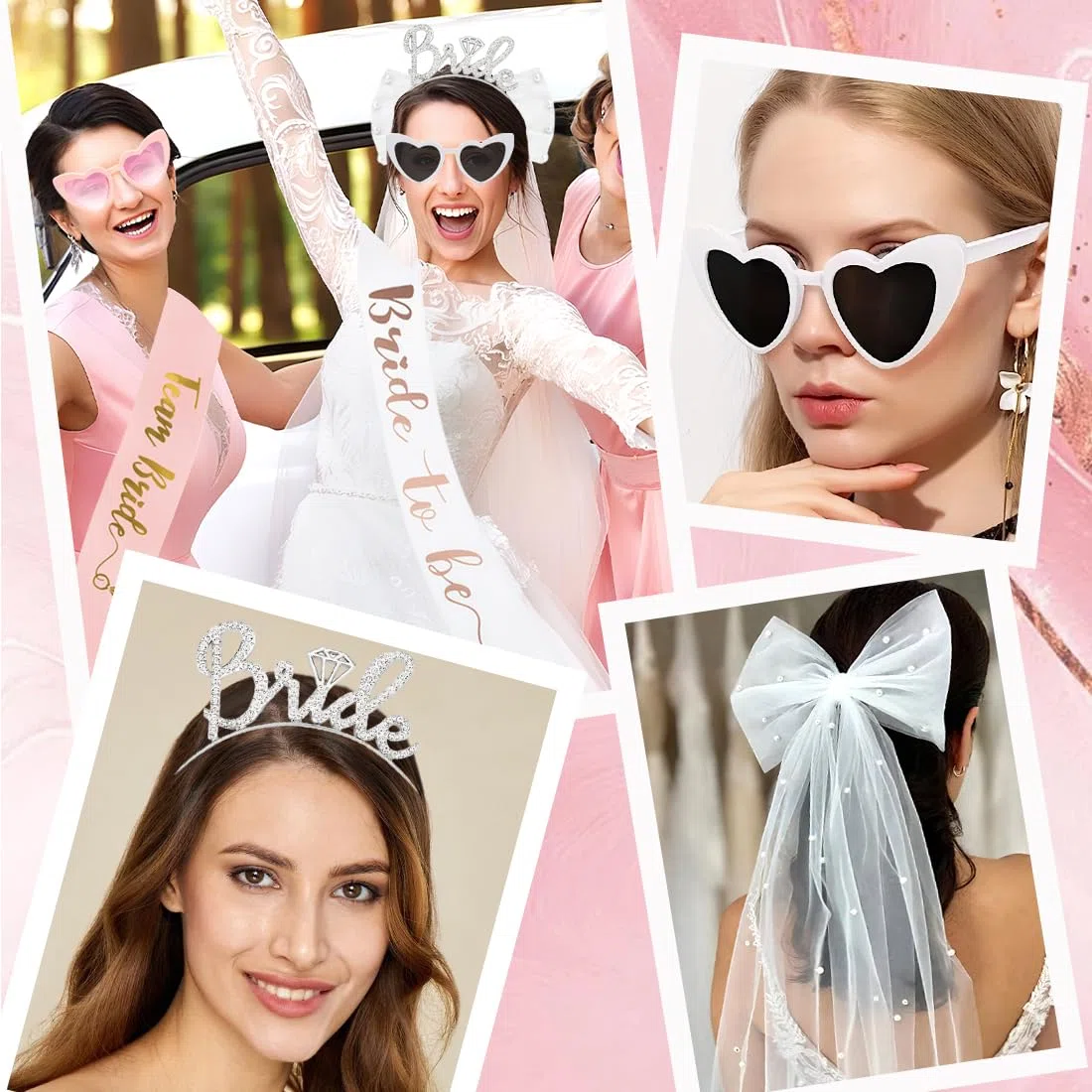 16 Stück JGA Accessoires Frauen, 7 Herz Sonnenbrillen + 1 Bride to be Schärpe + 6 Team Bride Schärpe + 1 Schleier JGA + 1 Bride Haarreif, Bachelorette Party Accessories