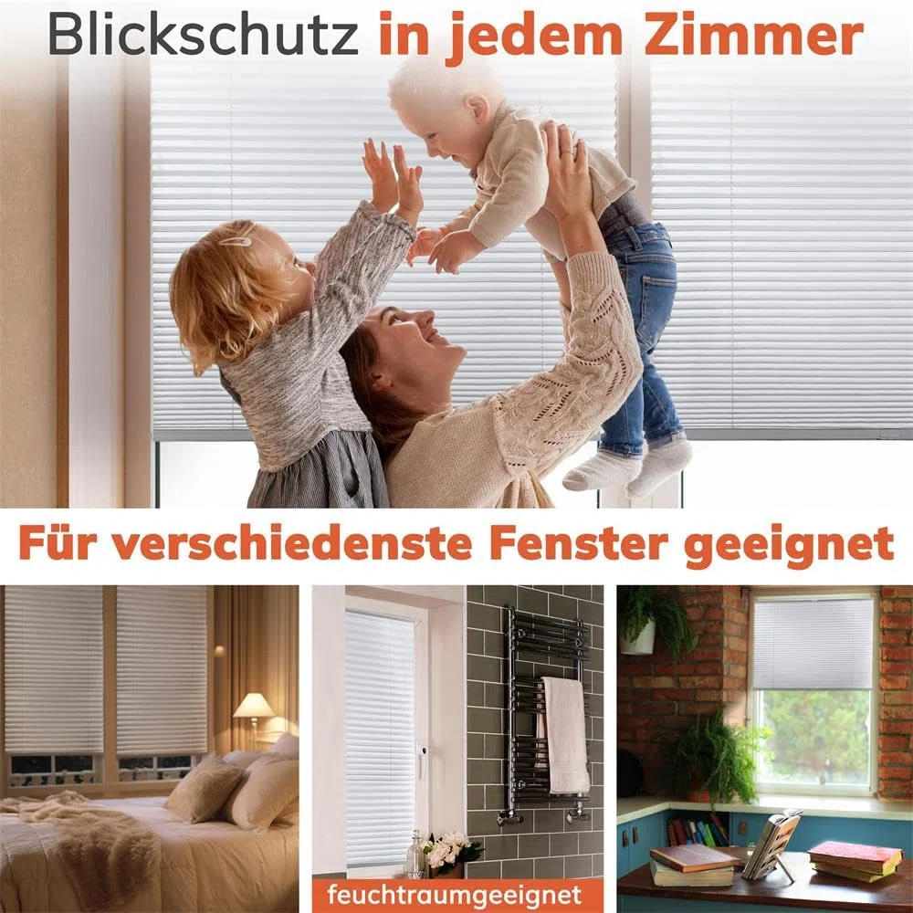 Plissee Klemmfix [Weiß, 60x140 cm] ohne Bohren für Tür & Fenster, Faltrollo mit einfacher Montage/Bietet optimalen Sichtschutz und Privatsphäre, idealer Sonnenschutz
