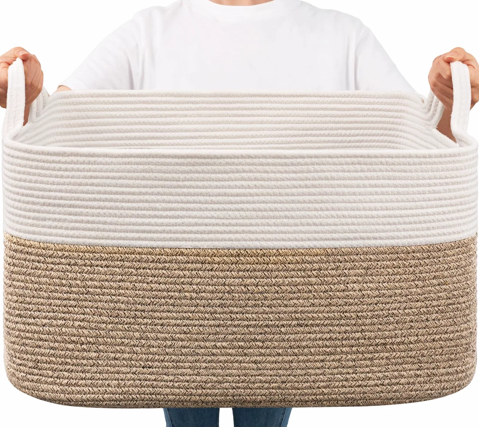 TIMEYARD 65L Faltbarer Wäschekorb, Aufbewahrungskorb für Baby Spielzeug, Square Laundry Baskets, Korb Aufbewahrung für Decken, kissen, Gästehandtuchkorb, Weiß und Braun