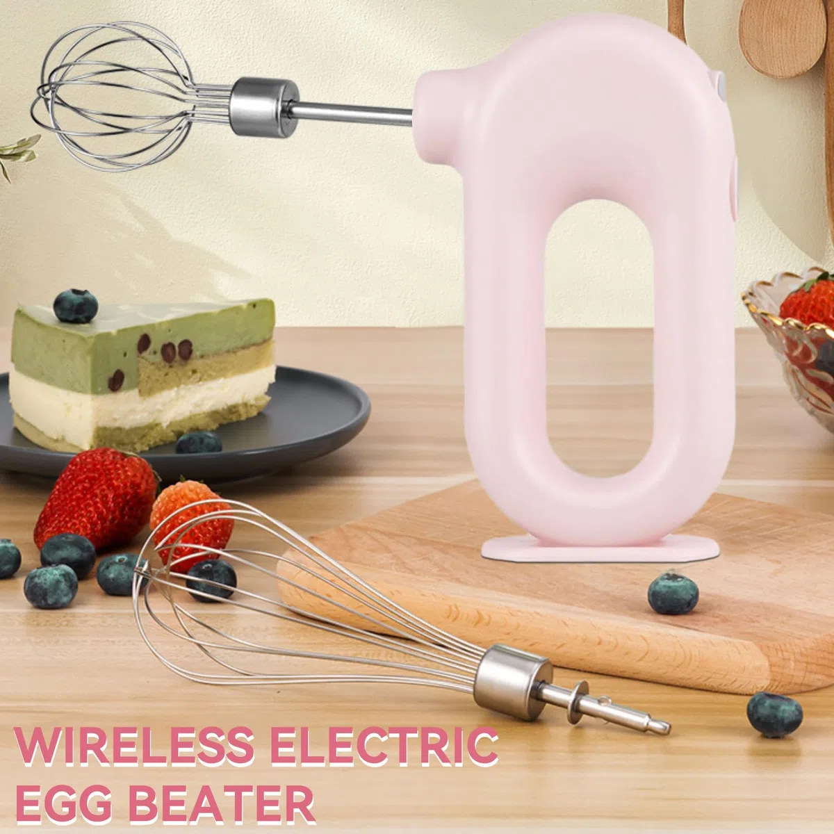 Elektrischer Handmixer Mit Edelstahl Schneebesen, Knet 1500mAh 4 Geschwindigkeit USB Handmixer Klein Kabellos Handrührer Elektrisch-Handrührgerät Elektrischer Whisk Für Schlag, Mischen, Pudding (rosa)