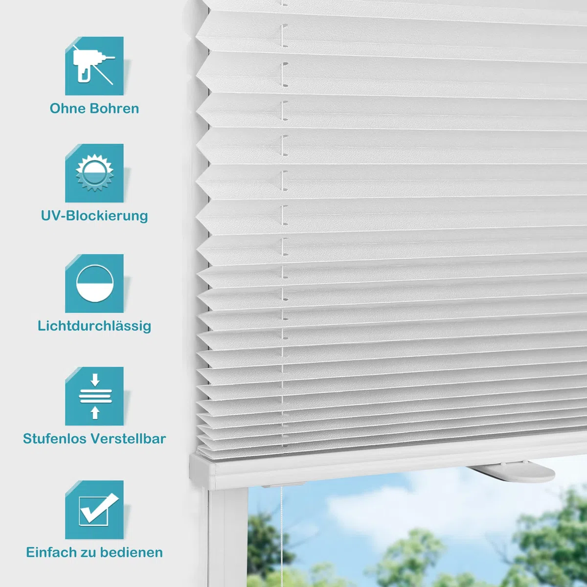 bobodeco Plissee ohne Bohren Plissees Klemmfix - Weiß 80 x 130 cm (BxH) - Easyfix Plisseerollo Jalousie Faltrollo Blickdicht - Sichtschutz - Sonnenschutz Fertifplissee - Rollos für Fenster und Tür